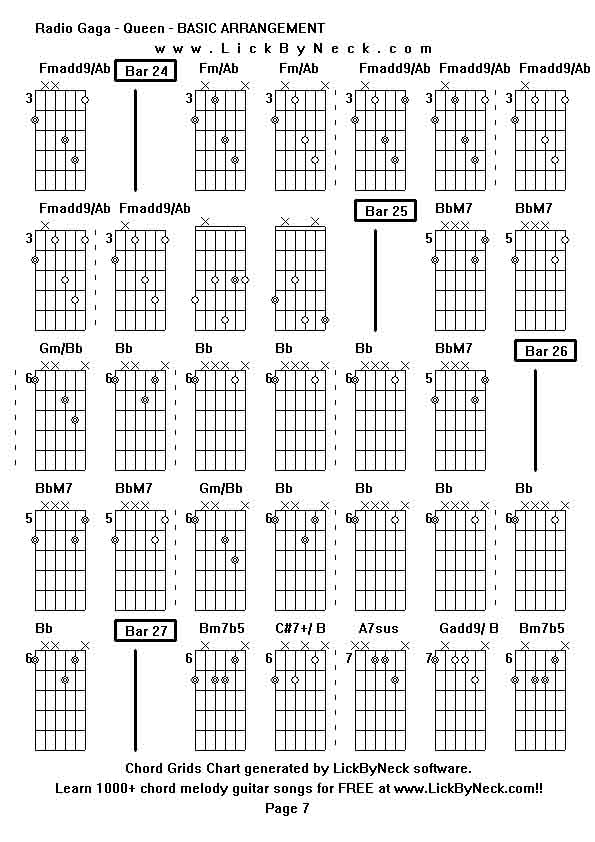 Chord Grids Chart of chord melody fingerstyle guitar song-Radio Gaga - Queen - BASIC ARRANGEMENT,generated by LickByNeck software.